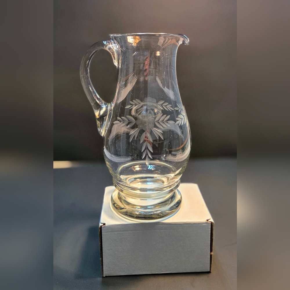 Princess House Heritage Crystal Pitcher Flowers Pressed Glass Etched Vintage